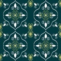 Ikat Seamless floral pattern with swirls and leaves on a green background Royalty Free Stock Photo